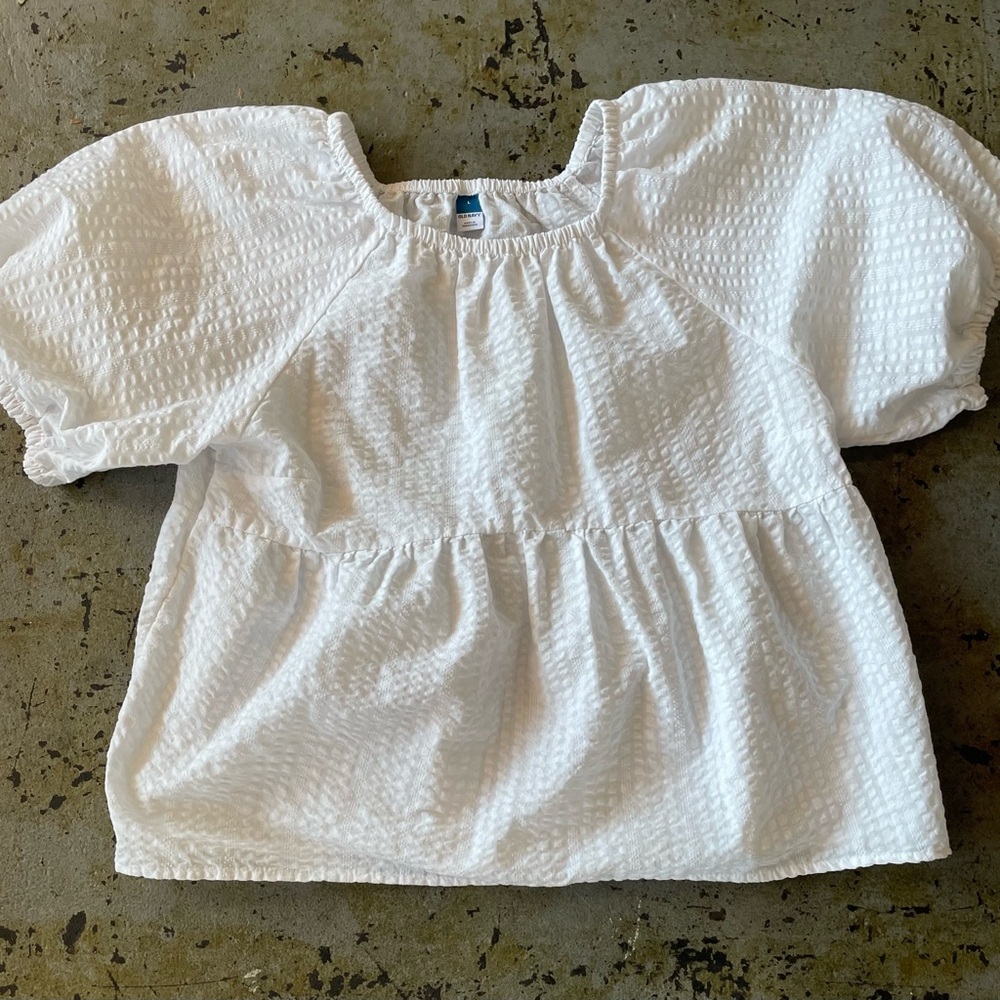 Old Navy White Cotton Blend Textured Womenβs Blouse with Puff Sleeves Size L